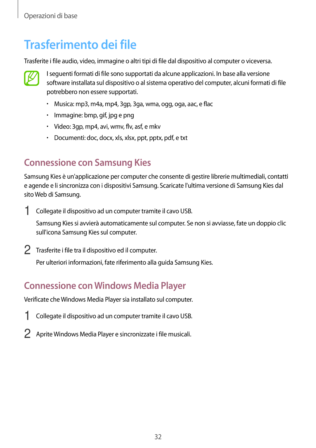 Samsung SM-T2110ZWAXEO manual Trasferimento dei file, Connessione con Samsung Kies, Connessione con Windows Media Player 