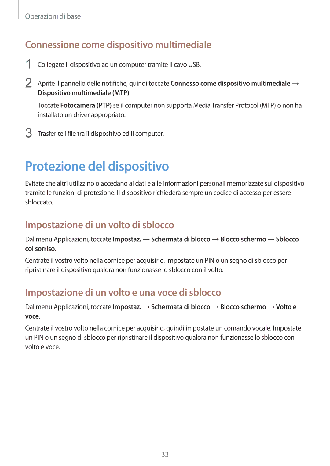 Samsung SM-T2110ZWATIM, SM-T2110ZWAITV manual Protezione del dispositivo, Connessione come dispositivo multimediale 