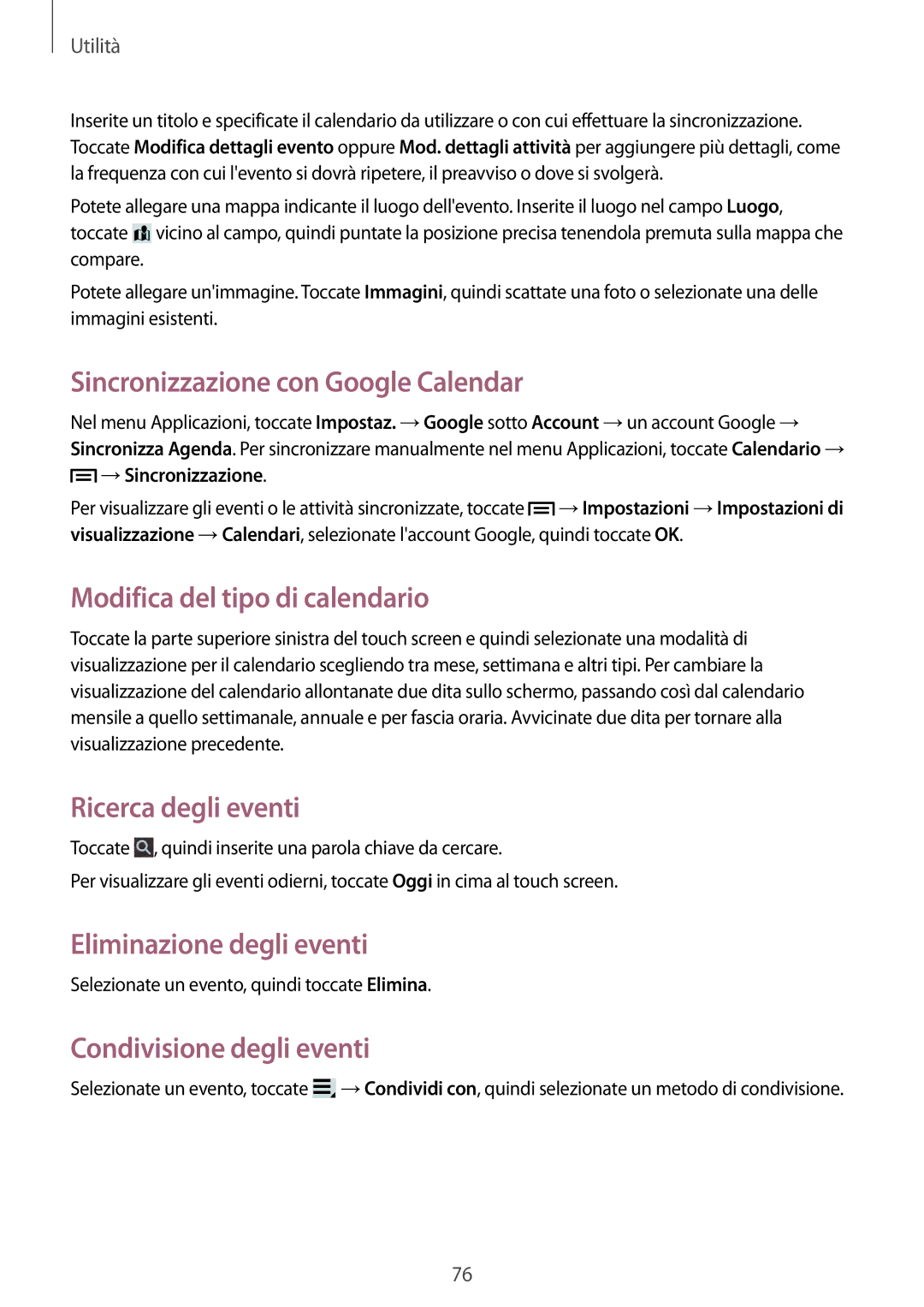 Samsung SM-T2110ZWAHUI manual Sincronizzazione con Google Calendar, Modifica del tipo di calendario, Ricerca degli eventi 
