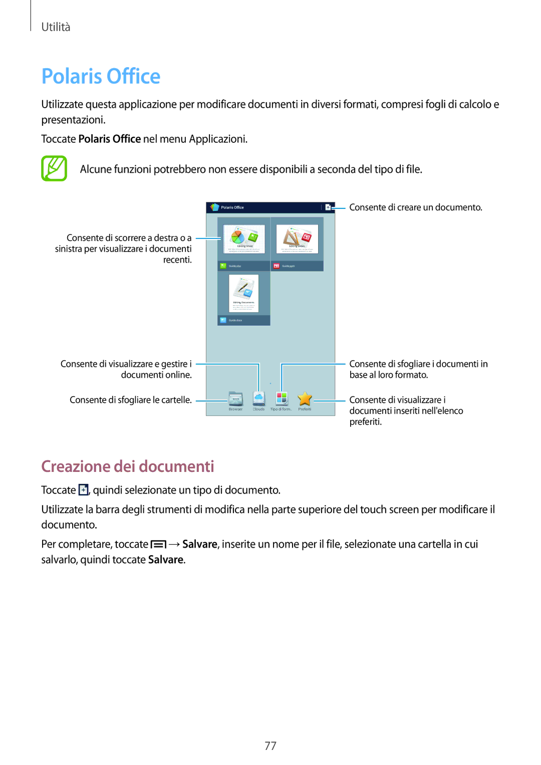 Samsung SM-T2110ZWAXEO, SM-T2110ZWAITV, SM-T2110ZWAHUI, SM-T2110ZWATIM manual Polaris Office, Creazione dei documenti 