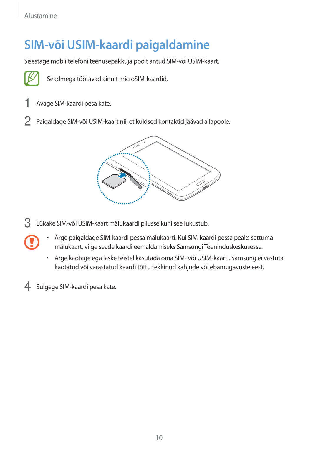 Samsung SM-T2110ZWASEB, SM-T2110MKASEB manual SIM-või USIM-kaardi paigaldamine 