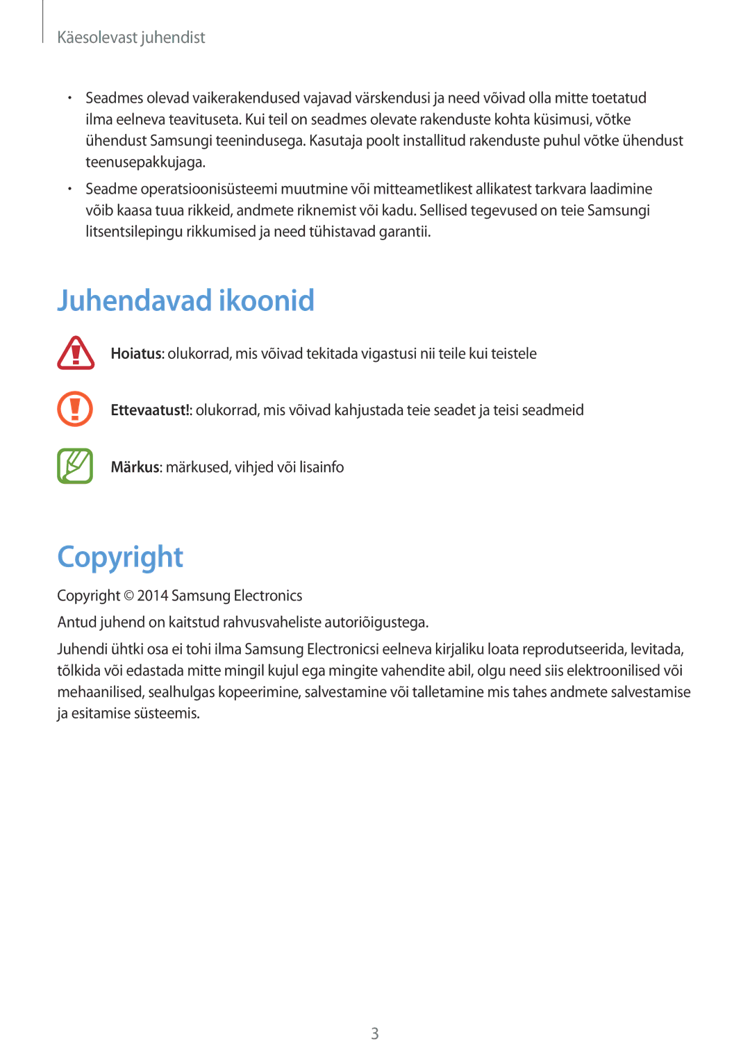 Samsung SM-T2110MKASEB, SM-T2110ZWASEB manual Juhendavad ikoonid, Copyright 