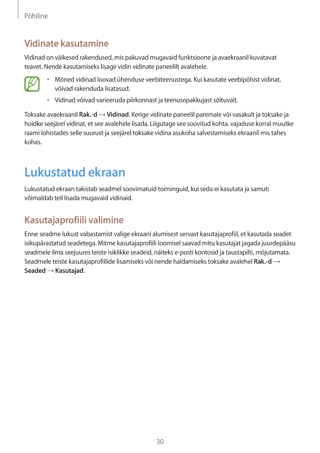 Samsung SM-T2110ZWASEB, SM-T2110MKASEB manual Lukustatud ekraan, Vidinate kasutamine, Kasutajaprofiili valimine 