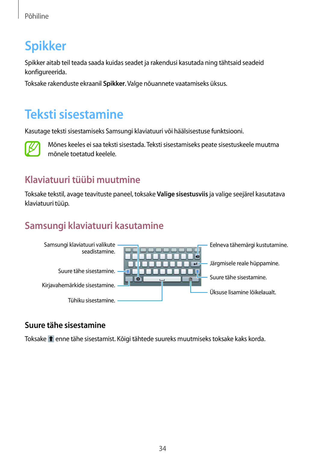 Samsung SM-T2110ZWASEB manual Spikker, Teksti sisestamine, Klaviatuuri tüübi muutmine, Samsungi klaviatuuri kasutamine 