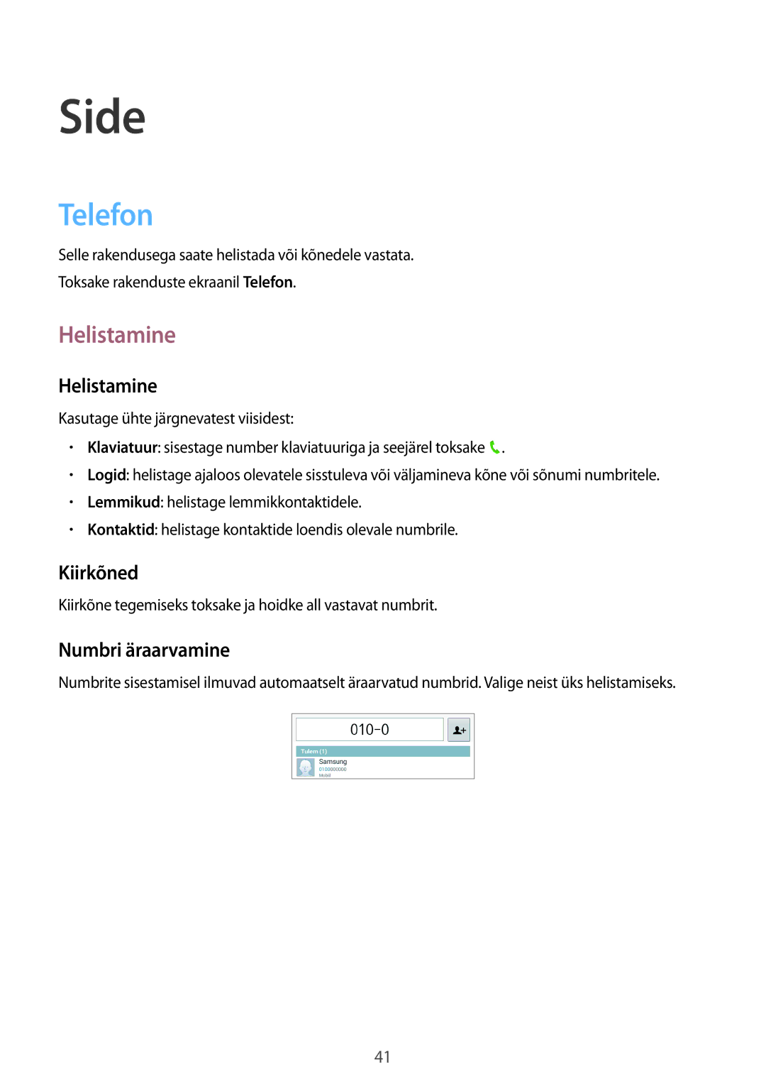 Samsung SM-T2110MKASEB, SM-T2110ZWASEB manual Side, Telefon, Helistamine 