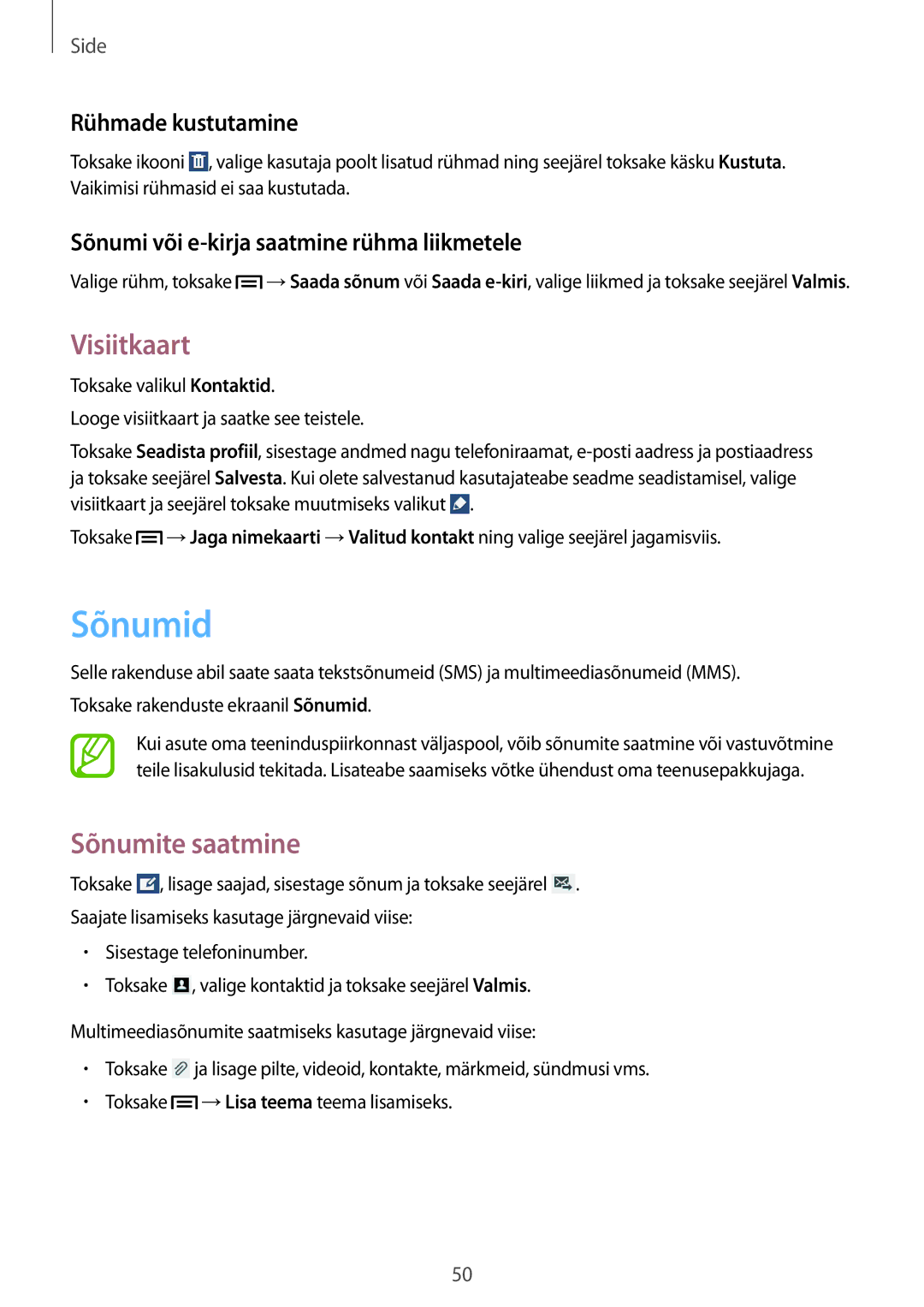 Samsung SM-T2110ZWASEB, SM-T2110MKASEB manual Sõnumid, Visiitkaart, Sõnumite saatmine, Rühmade kustutamine 