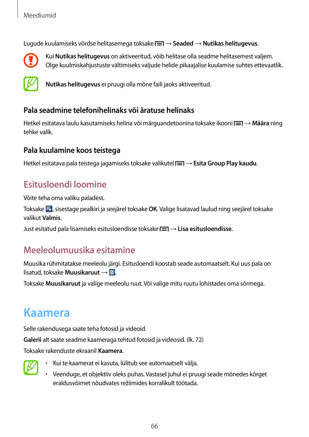 Samsung SM-T2110ZWASEB manual Kaamera, Esitusloendi loomine, Meeleolumuusika esitamine, Pala kuulamine koos teistega 