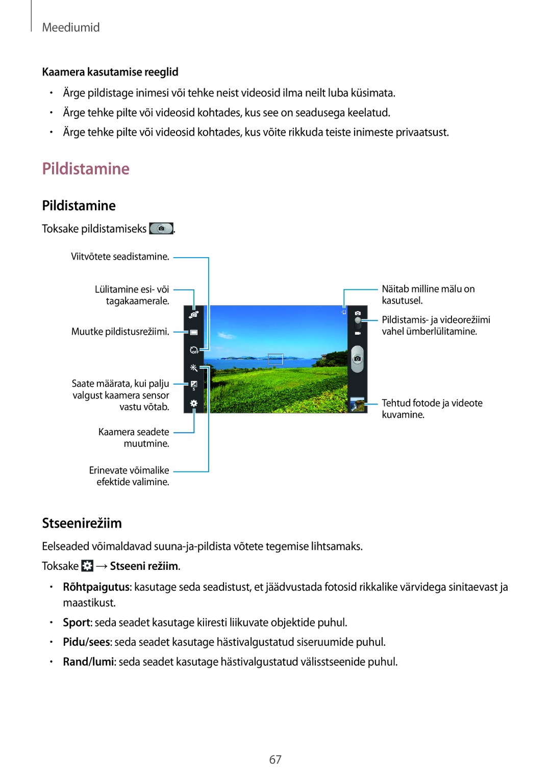 Samsung SM-T2110MKASEB, SM-T2110ZWASEB Pildistamine, Stseenirežiim, Kaamera kasutamise reeglid, Toksake →Stseeni režiim 