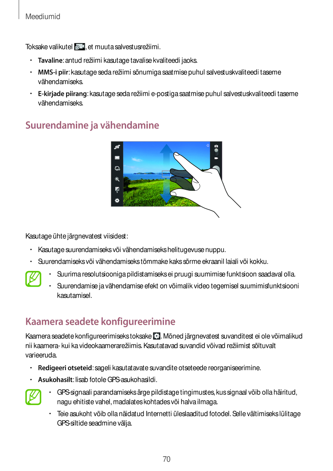 Samsung SM-T2110ZWASEB, SM-T2110MKASEB manual Suurendamine ja vähendamine, Kaamera seadete konfigureerimine 