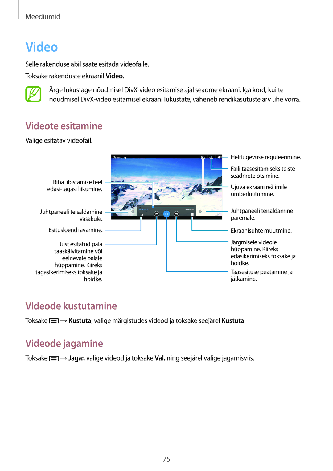 Samsung SM-T2110MKASEB, SM-T2110ZWASEB manual Videode kustutamine, Videode jagamine 