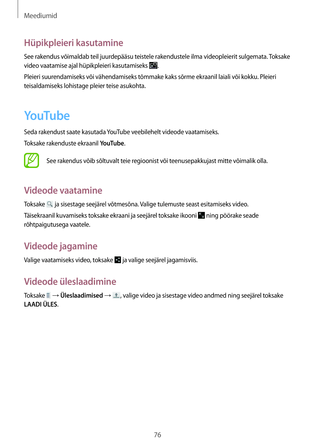 Samsung SM-T2110ZWASEB, SM-T2110MKASEB manual YouTube, Hüpikpleieri kasutamine, Videode vaatamine, Videode üleslaadimine 