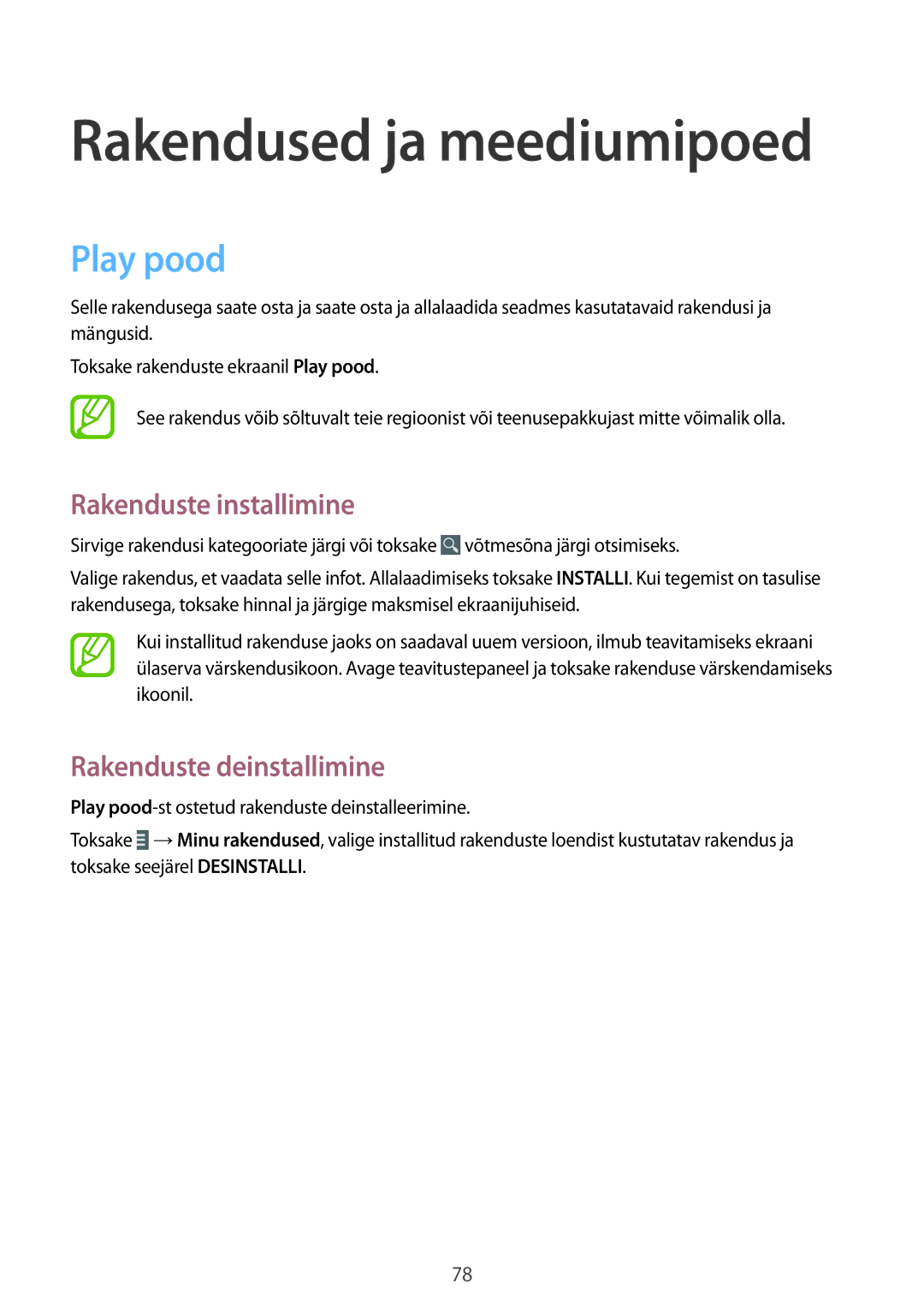 Samsung SM-T2110ZWASEB, SM-T2110MKASEB manual Rakendused ja meediumipoed, Play pood 