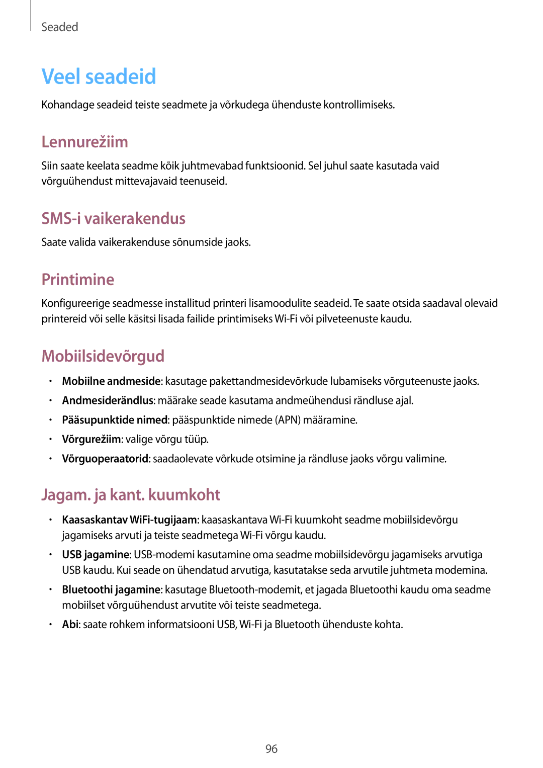 Samsung SM-T2110ZWASEB, SM-T2110MKASEB manual Veel seadeid 