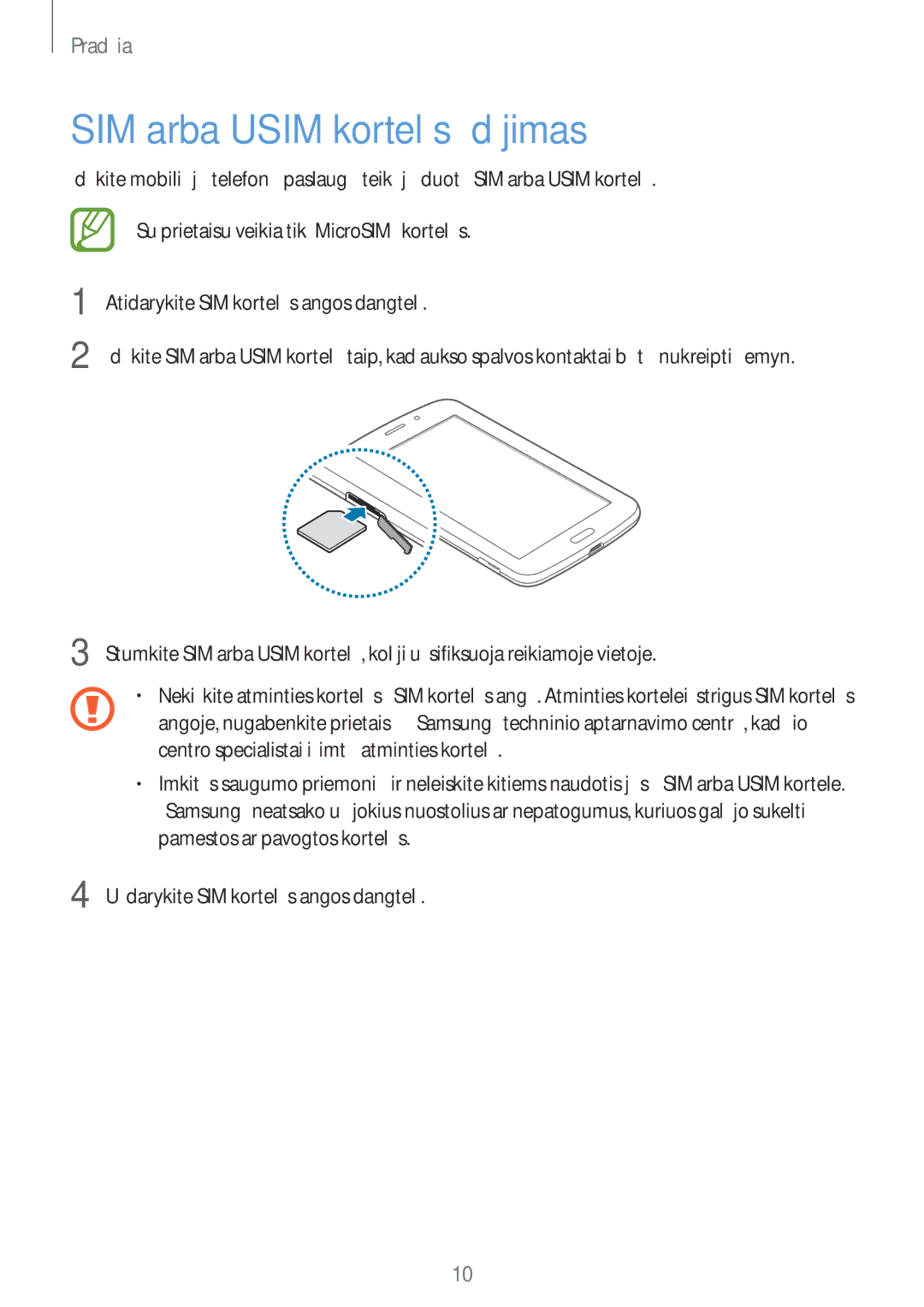 Samsung SM-T2110ZWASEB, SM-T2110MKASEB manual SIM arba Usim kortelės įdėjimas 