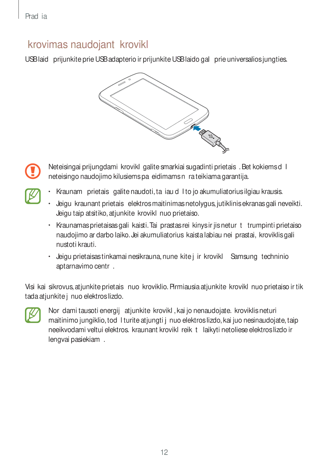 Samsung SM-T2110ZWASEB, SM-T2110MKASEB manual Įkrovimas naudojant įkroviklį 