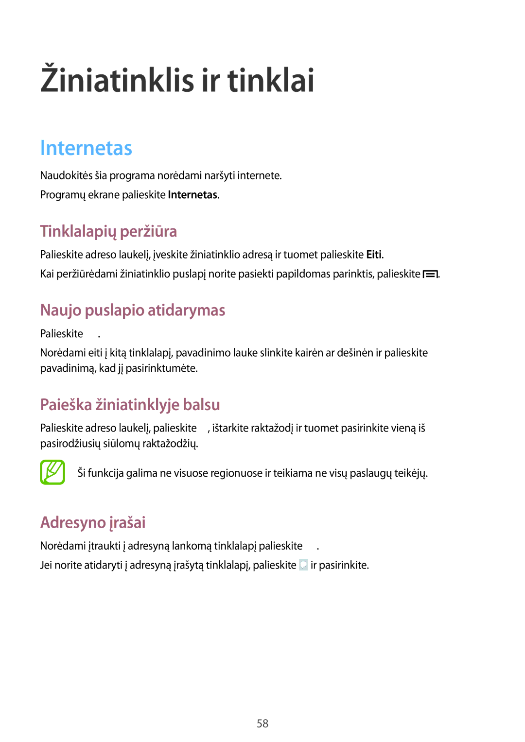 Samsung SM-T2110ZWASEB, SM-T2110MKASEB manual Žiniatinklis ir tinklai, Internetas 