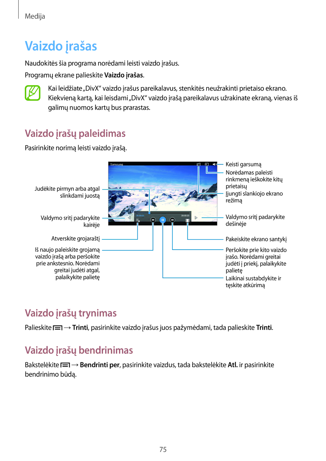 Samsung SM-T2110MKASEB, SM-T2110ZWASEB manual Vaizdo įrašas, Vaizdo įrašų trynimas, Vaizdo įrašų bendrinimas 