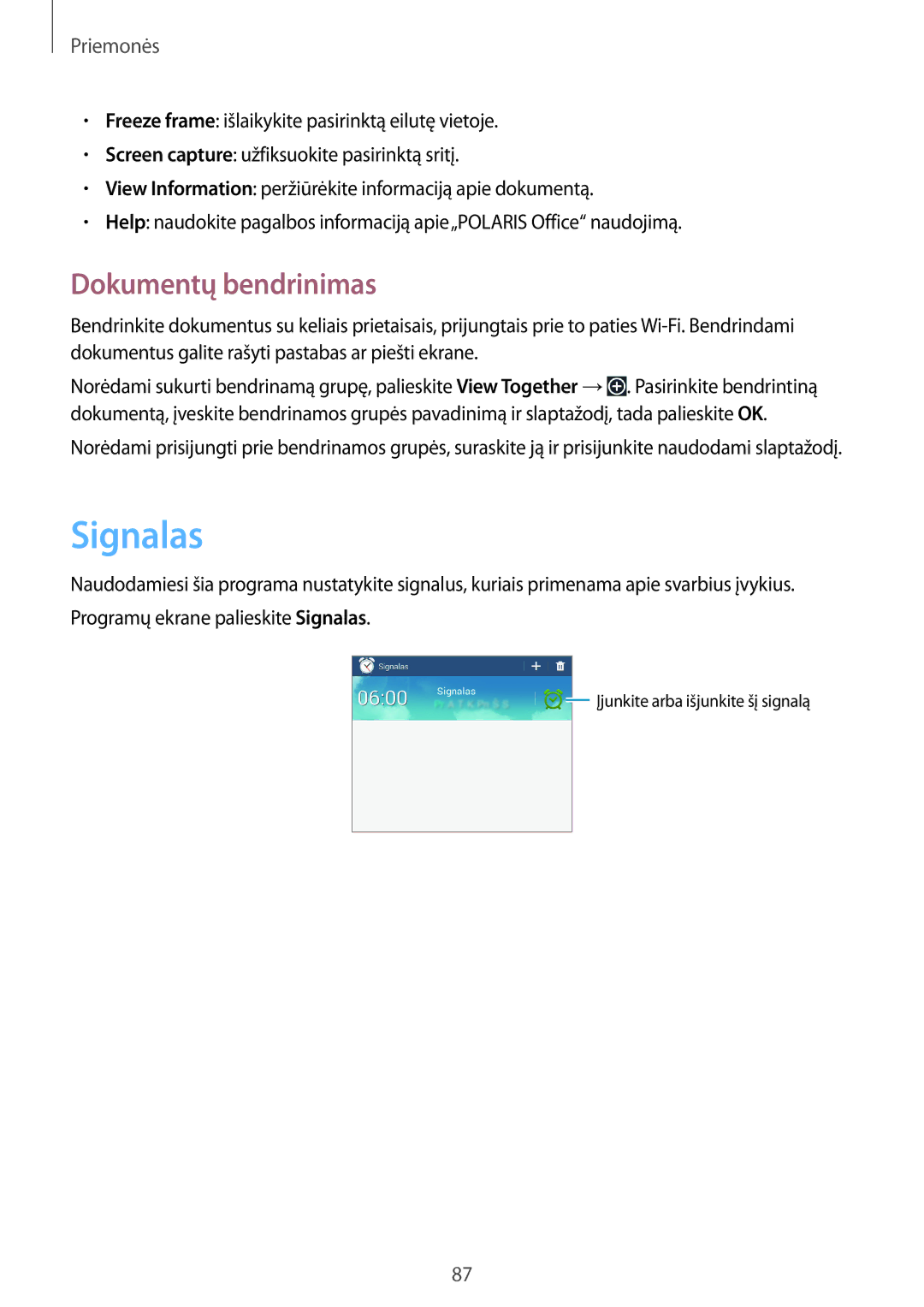 Samsung SM-T2110MKASEB, SM-T2110ZWASEB manual Signalas, Dokumentų bendrinimas 