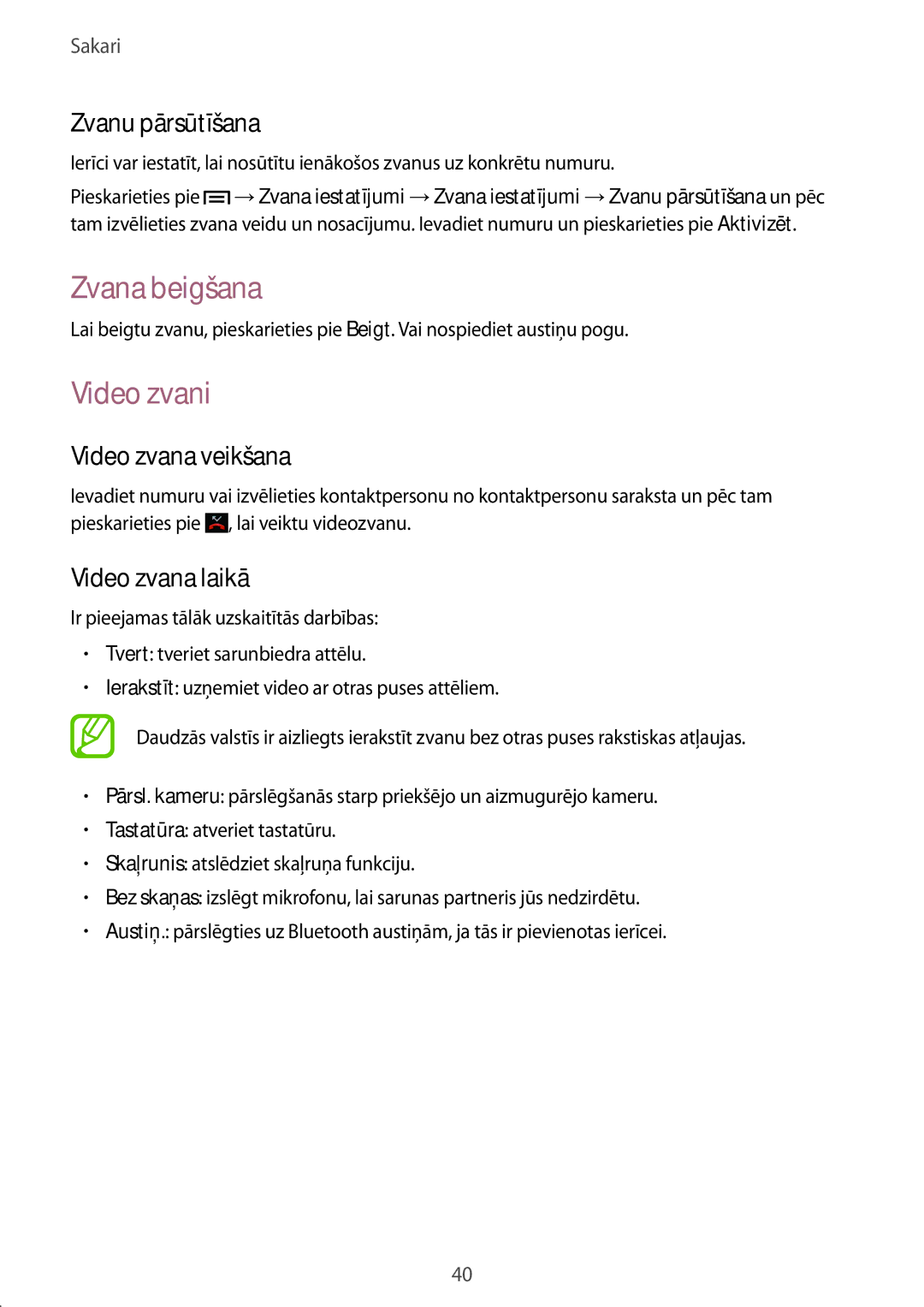 Samsung SM-T2110ZWASEB manual Zvana beigšana, Video zvani, Zvanu pārsūtīšana, Video zvana veikšana, Video zvana laikā 