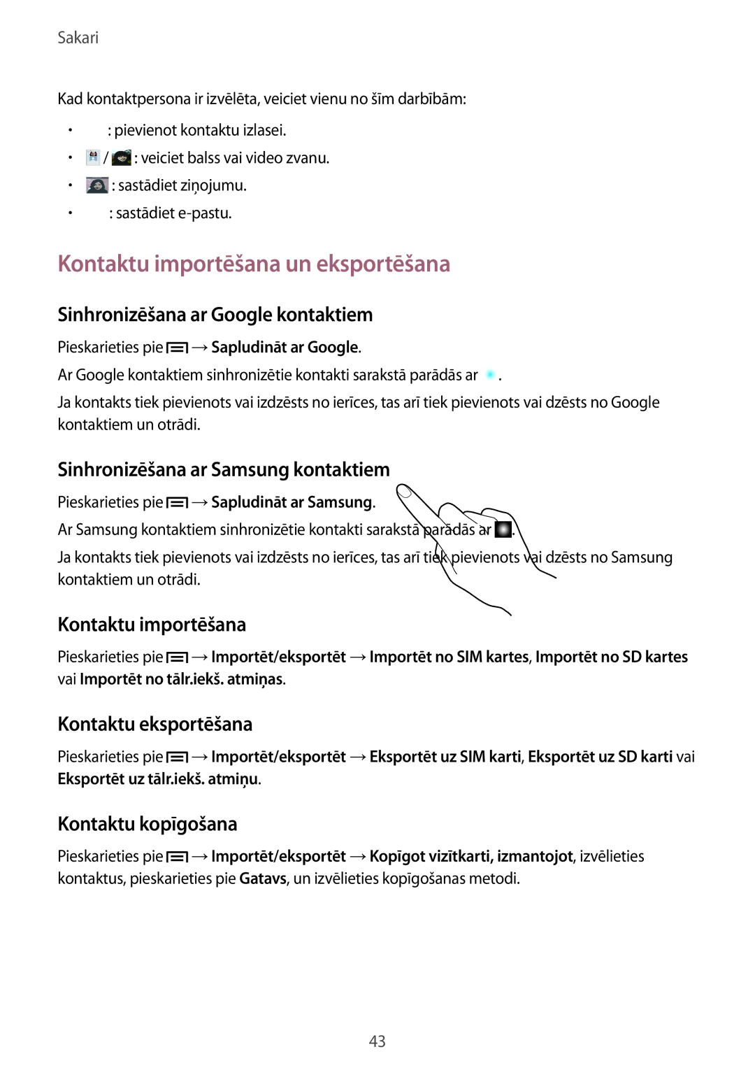 Samsung SM-T2110MKASEB, SM-T2110ZWASEB manual Kontaktu importēšana un eksportēšana 