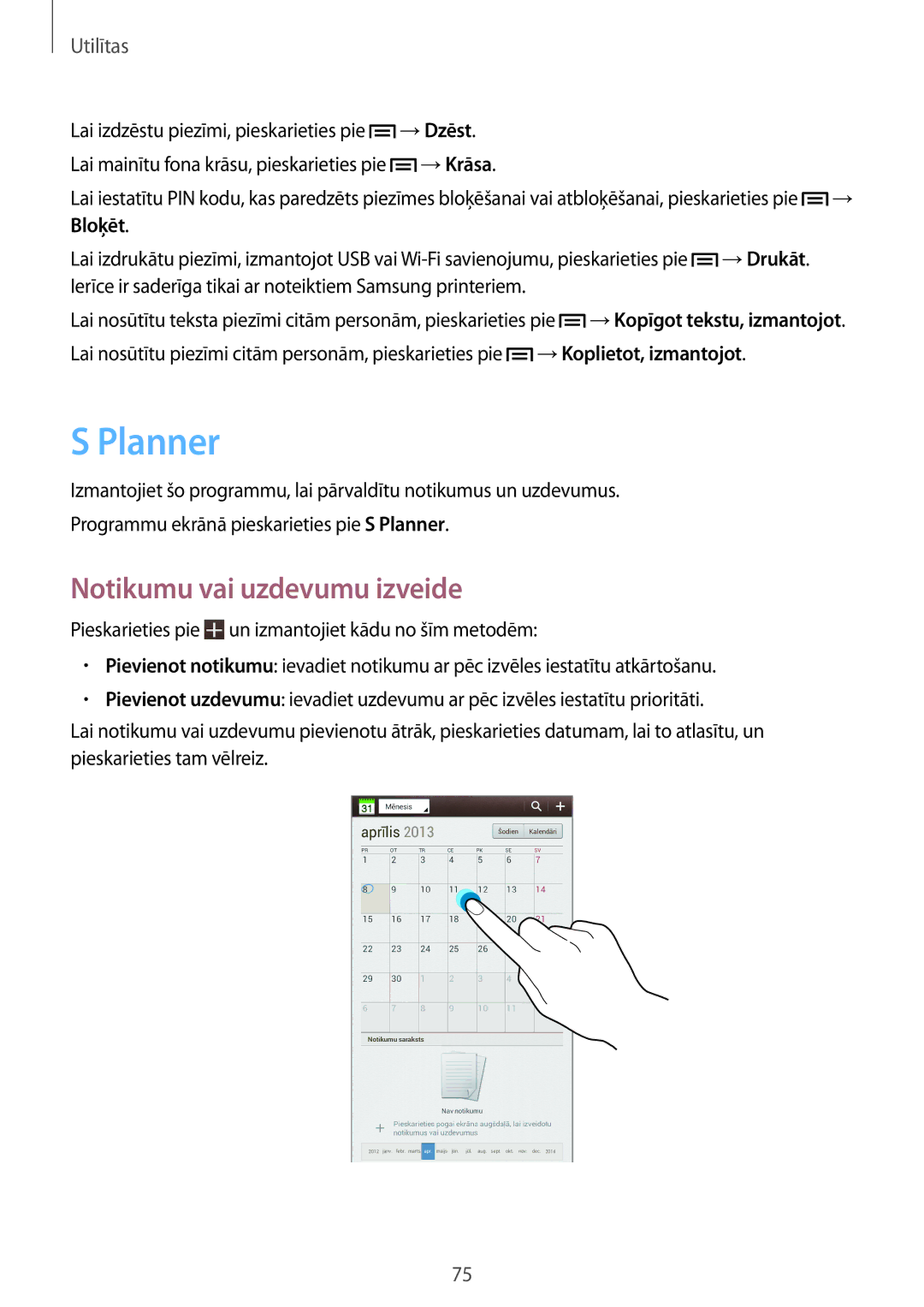 Samsung SM-T2110MKASEB, SM-T2110ZWASEB manual Planner, Notikumu vai uzdevumu izveide 