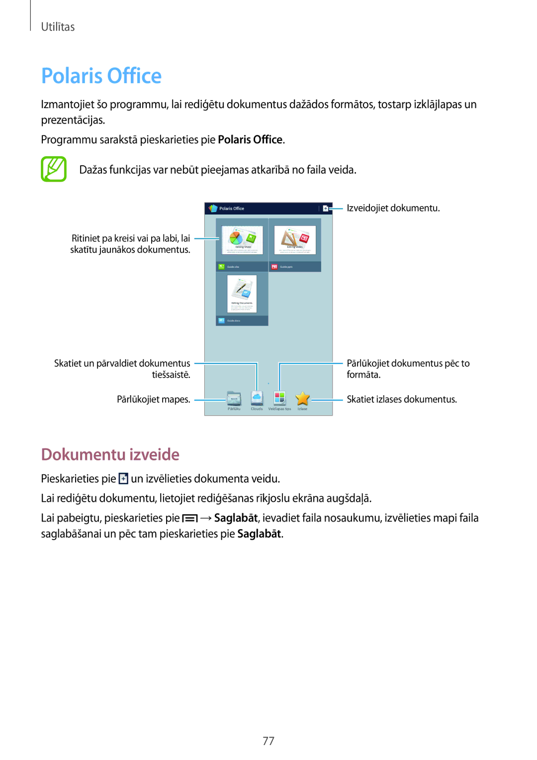 Samsung SM-T2110MKASEB, SM-T2110ZWASEB manual Polaris Office, Dokumentu izveide 