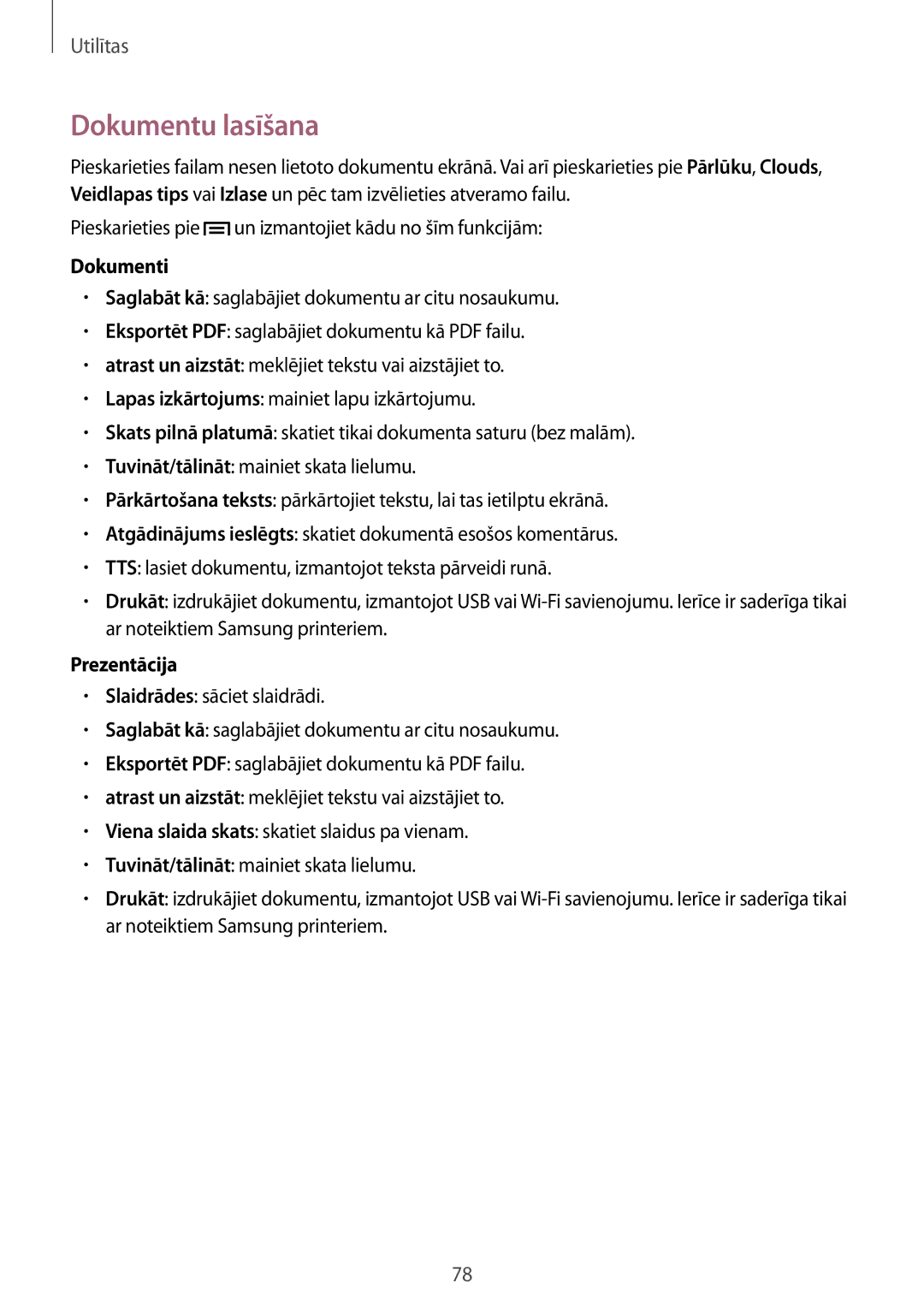 Samsung SM-T2110ZWASEB, SM-T2110MKASEB manual Dokumentu lasīšana, Dokumenti, Prezentācija 