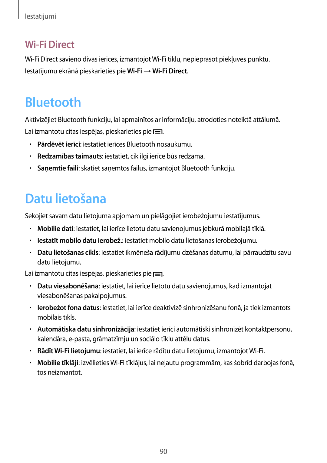 Samsung SM-T2110ZWASEB, SM-T2110MKASEB manual Datu lietošana, Wi-Fi Direct 