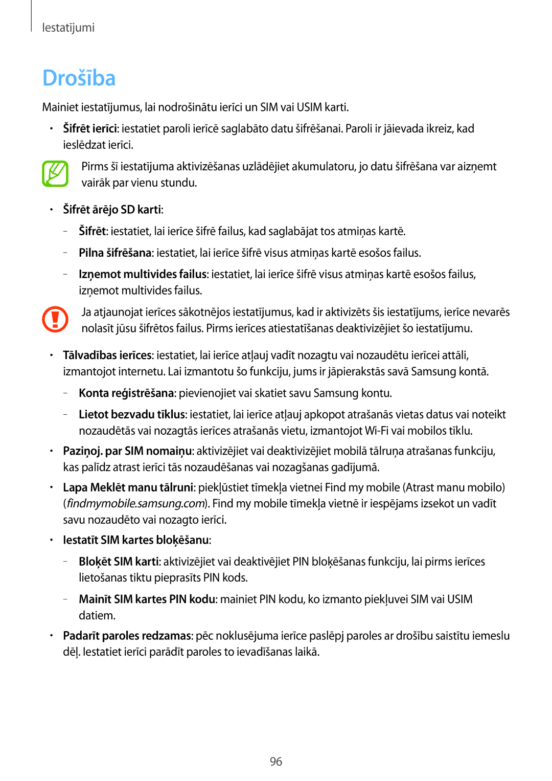 Samsung SM-T2110ZWASEB, SM-T2110MKASEB manual Drošība, Šifrēt ārējo SD karti, Iestatīt SIM kartes bloķēšanu 