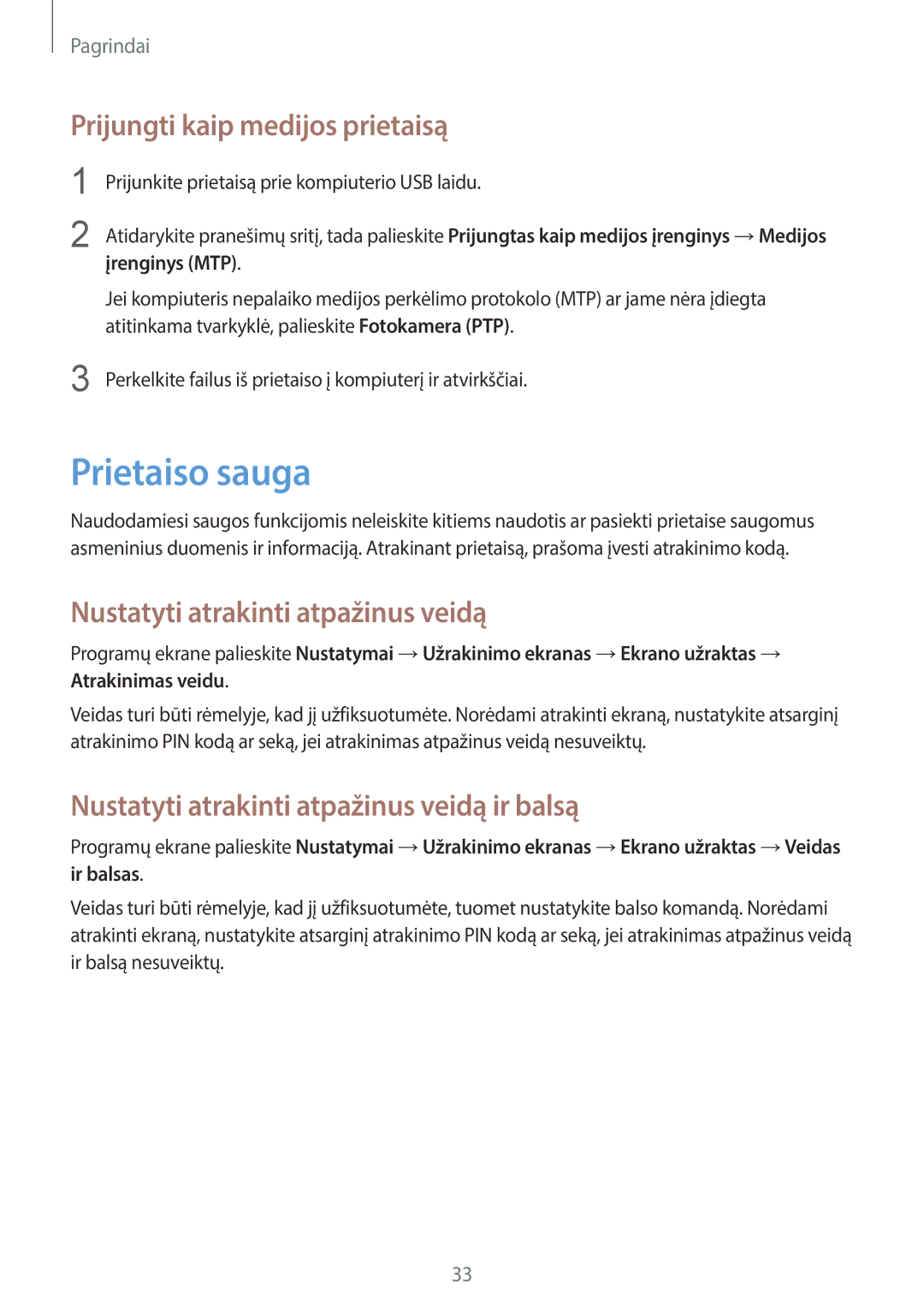 Samsung SM-T2110MKASEB manual Prietaiso sauga, Prijungti kaip medijos prietaisą, Nustatyti atrakinti atpažinus veidą 