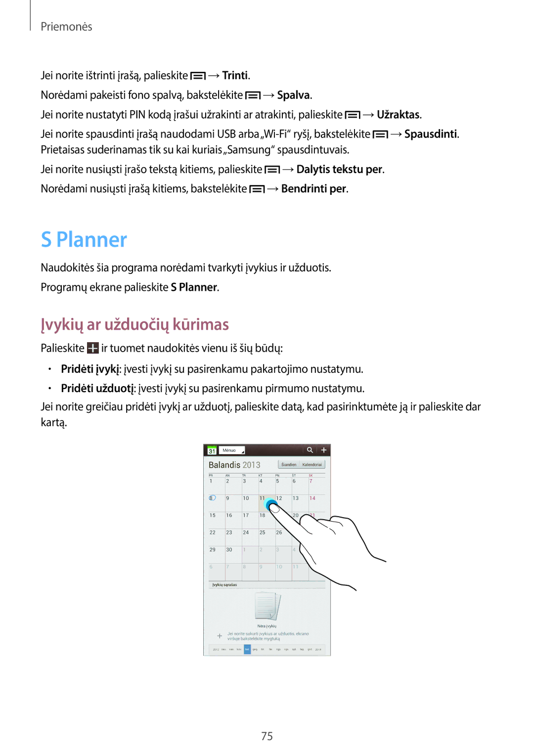 Samsung SM-T2110MKASEB, SM-T2110ZWASEB manual Planner, Įvykių ar užduočių kūrimas 