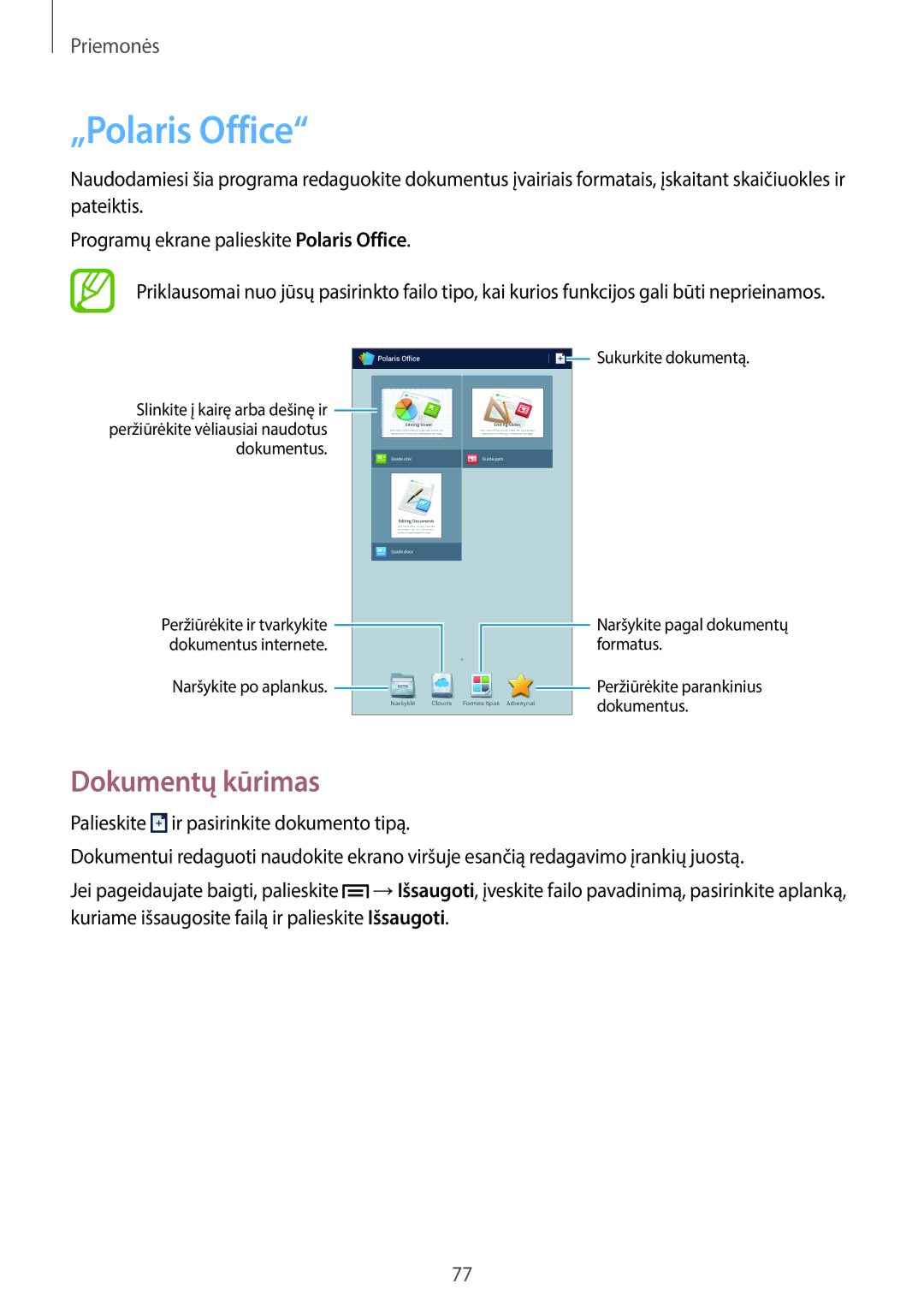 Samsung SM-T2110MKASEB, SM-T2110ZWASEB manual „Polaris Office, Dokumentų kūrimas 