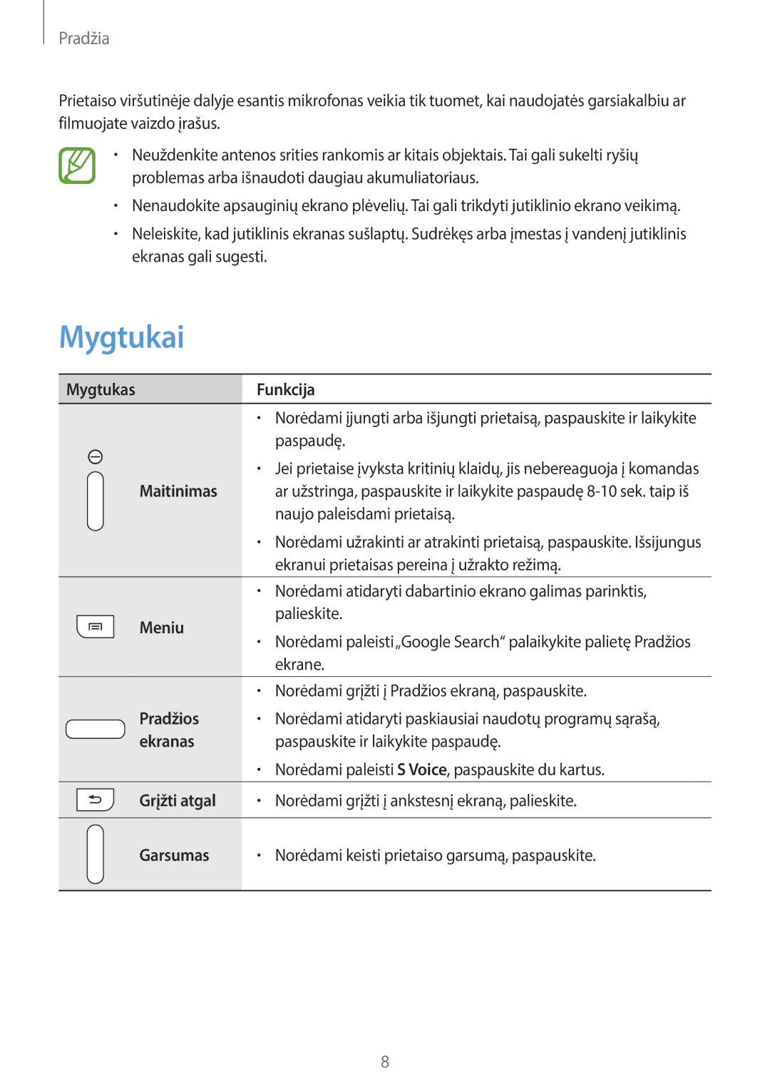 Samsung SM-T2110ZWASEB, SM-T2110MKASEB manual Mygtukai 