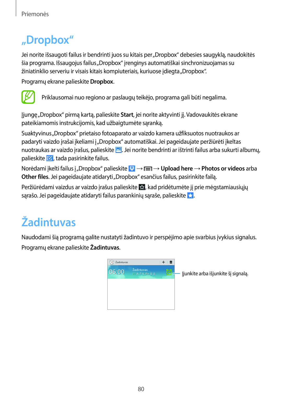 Samsung SM-T2110ZWASEB, SM-T2110MKASEB manual „Dropbox, Žadintuvas 