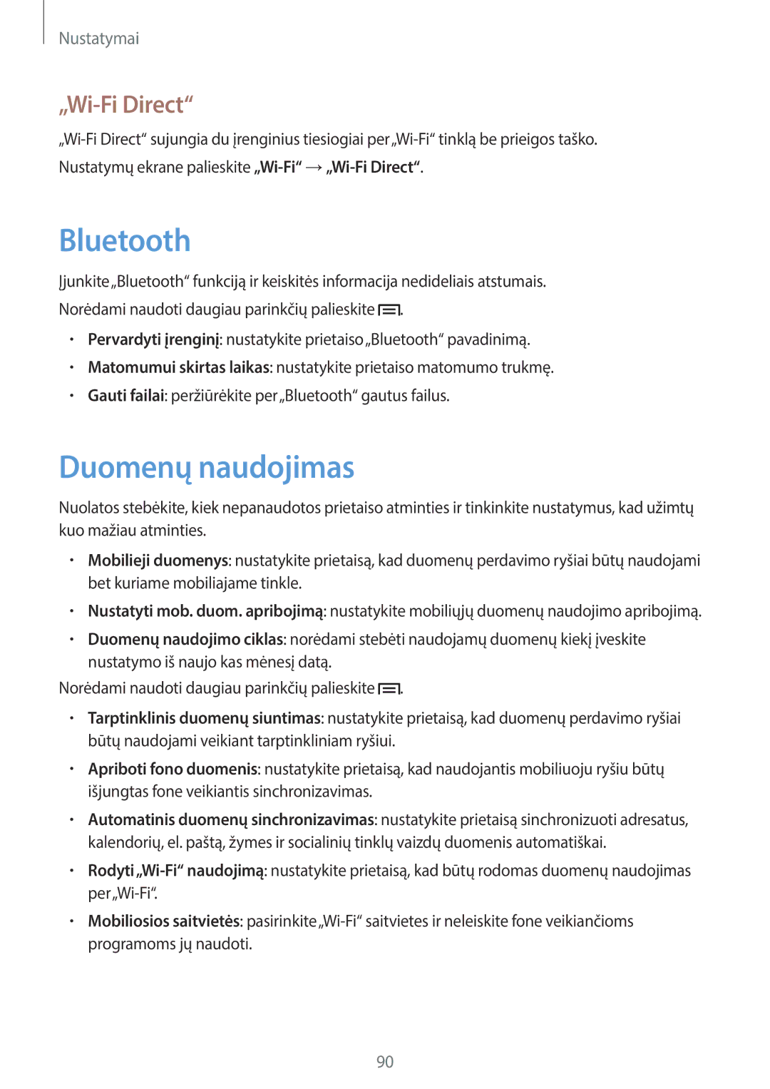 Samsung SM-T2110ZWASEB, SM-T2110MKASEB manual Bluetooth, Duomenų naudojimas, „Wi-Fi Direct 