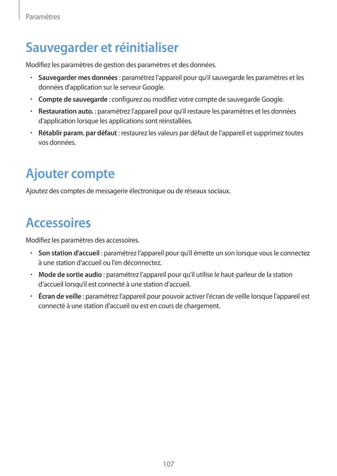 Samsung SM-T2110ZWAFTM, SM-T2110ZWEXEF, SM-T2110ZWEFTM manual Sauvegarder et réinitialiser, Ajouter compte, Accessoires 