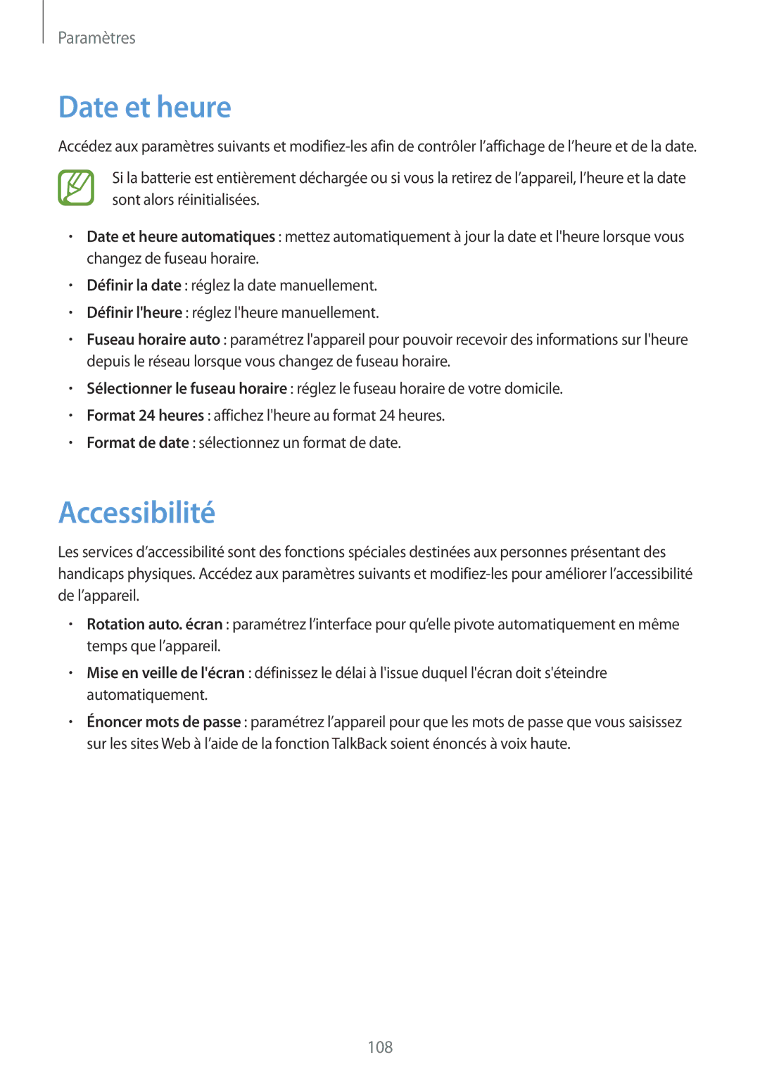 Samsung SM-T2110ZWEXEF, SM-T2110ZWEFTM, SM-T2110ZWAFTM manual Date et heure, Accessibilité 