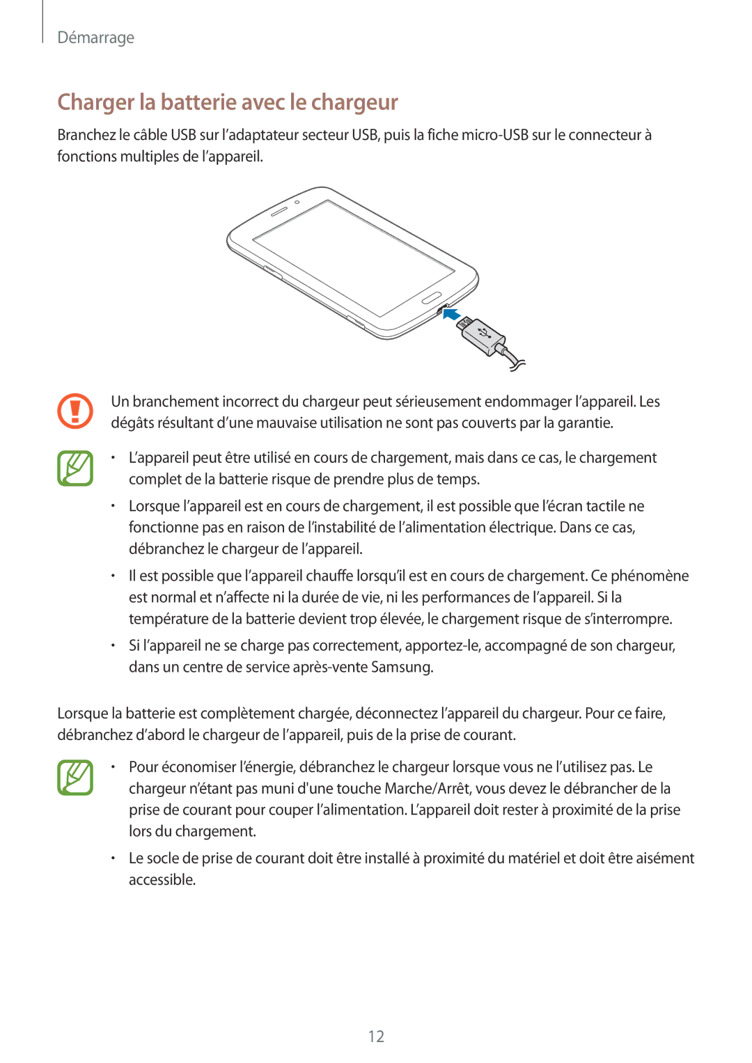 Samsung SM-T2110ZWEXEF, SM-T2110ZWEFTM, SM-T2110ZWAFTM manual Charger la batterie avec le chargeur 