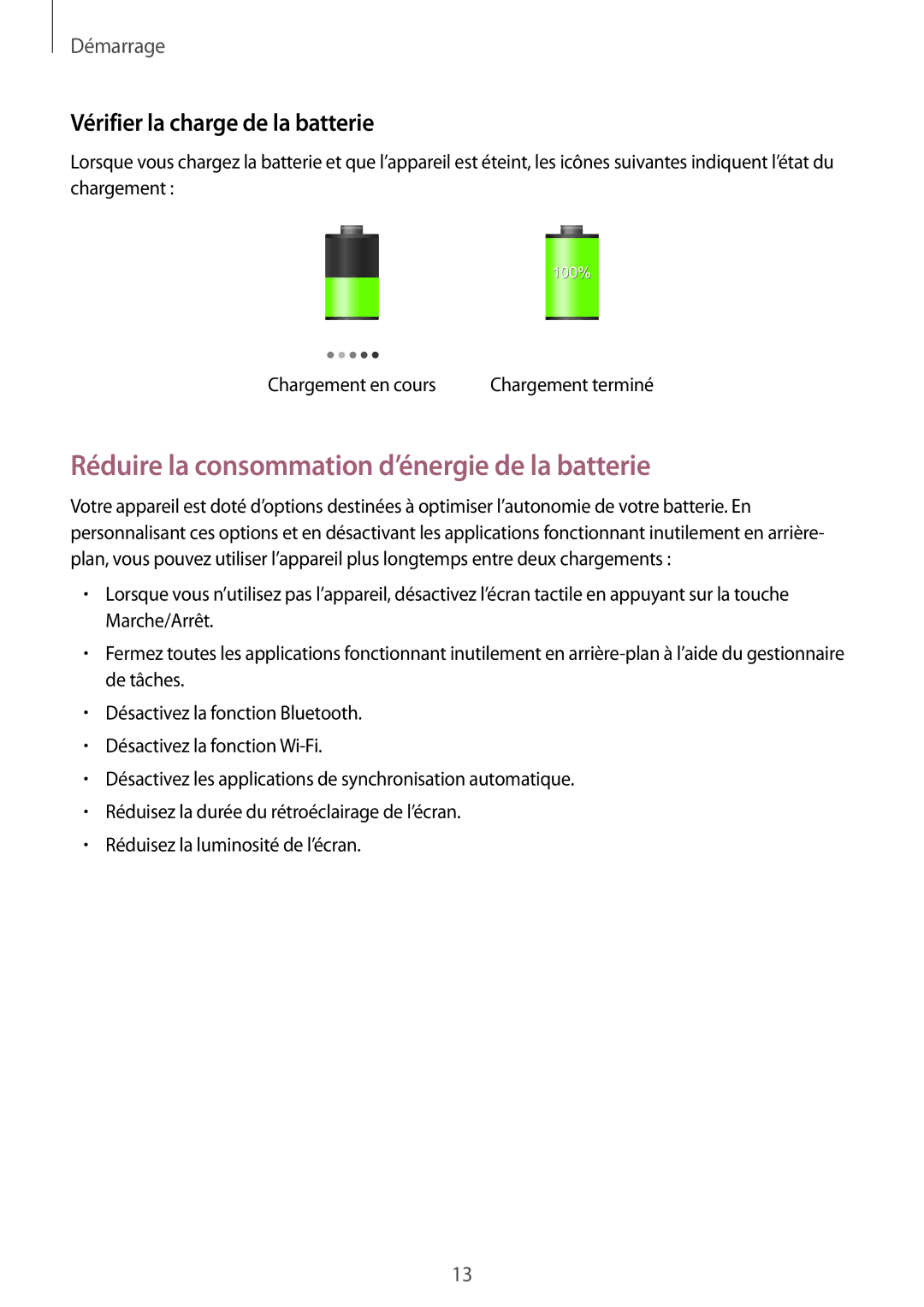 Samsung SM-T2110ZWEFTM, SM-T2110ZWEXEF Réduire la consommation d’énergie de la batterie, Vérifier la charge de la batterie 