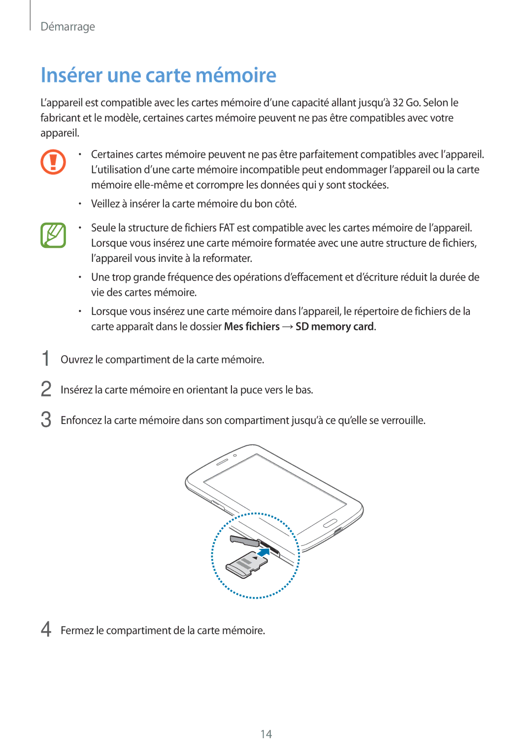 Samsung SM-T2110ZWAFTM, SM-T2110ZWEXEF, SM-T2110ZWEFTM manual Insérer une carte mémoire 