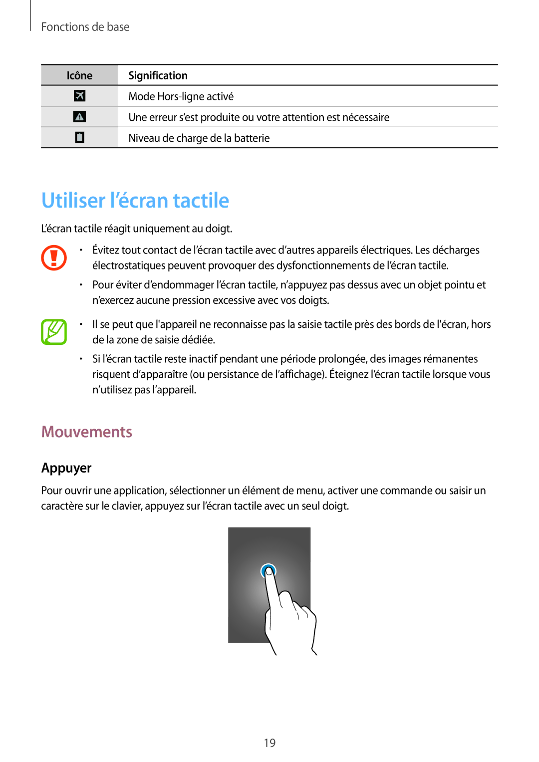 Samsung SM-T2110ZWEFTM, SM-T2110ZWEXEF, SM-T2110ZWAFTM manual Utiliser l’écran tactile, Mouvements, Appuyer 