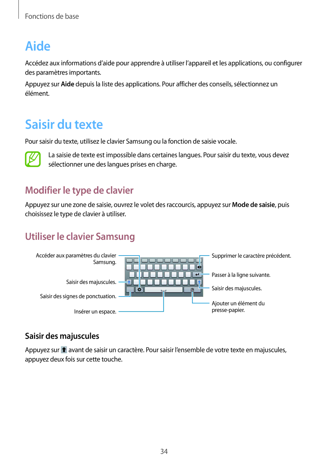 Samsung SM-T2110ZWEFTM, SM-T2110ZWEXEF Aide, Saisir du texte, Modifier le type de clavier, Utiliser le clavier Samsung 