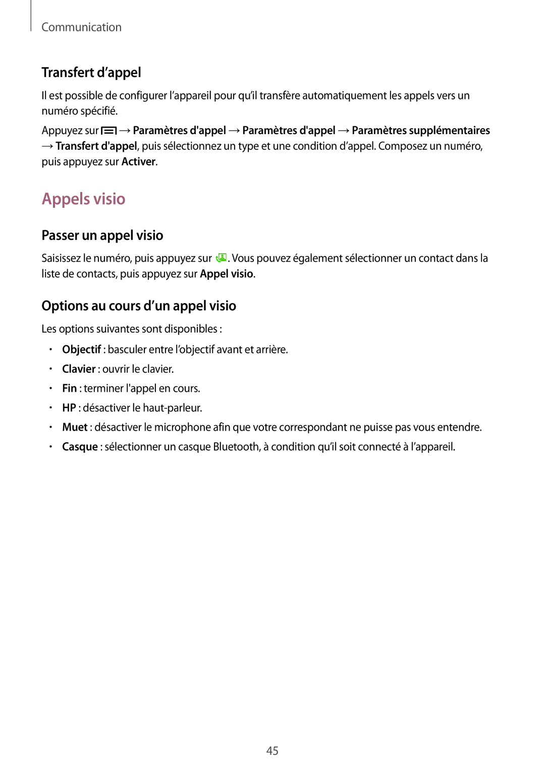 Samsung SM-T2110ZWEXEF manual Appels visio, Transfert d’appel, Passer un appel visio, Options au cours d’un appel visio 