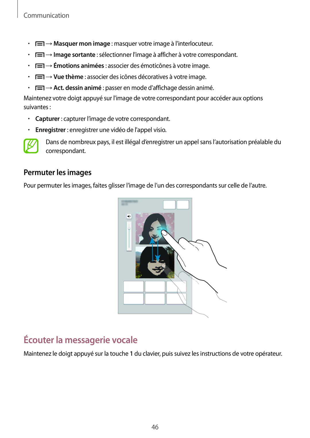 Samsung SM-T2110ZWEFTM, SM-T2110ZWEXEF, SM-T2110ZWAFTM manual Écouter la messagerie vocale, Permuter les images 