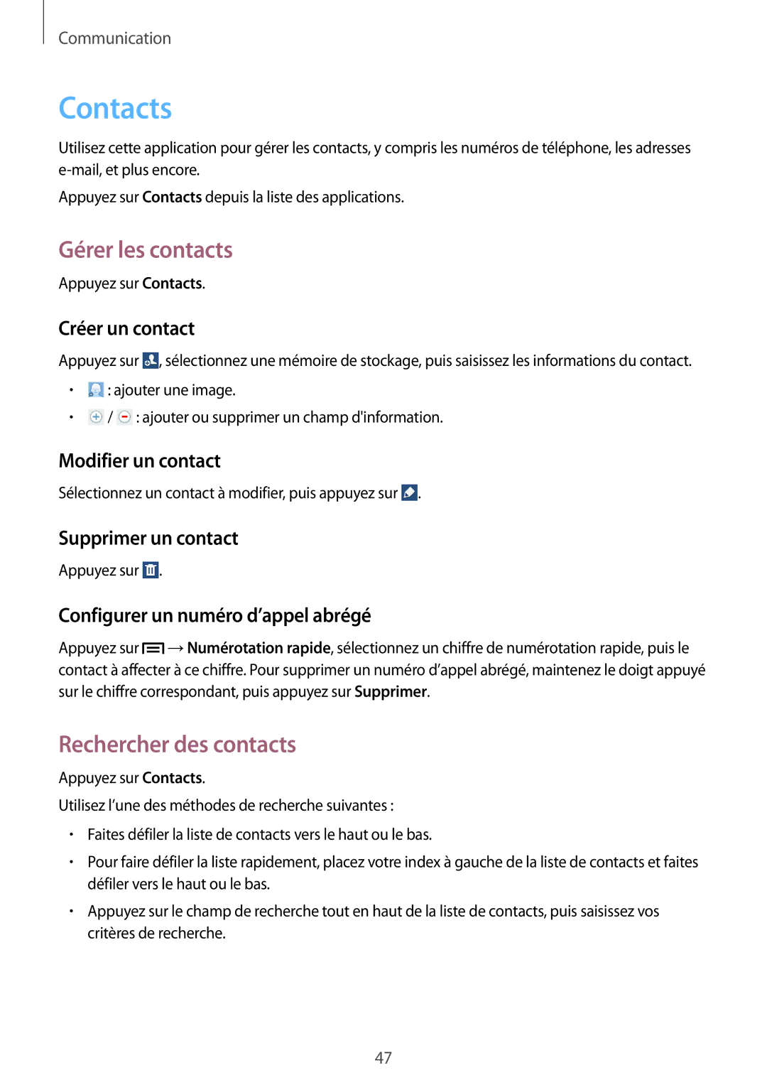 Samsung SM-T2110ZWAFTM, SM-T2110ZWEXEF, SM-T2110ZWEFTM manual Contacts, Gérer les contacts, Rechercher des contacts 