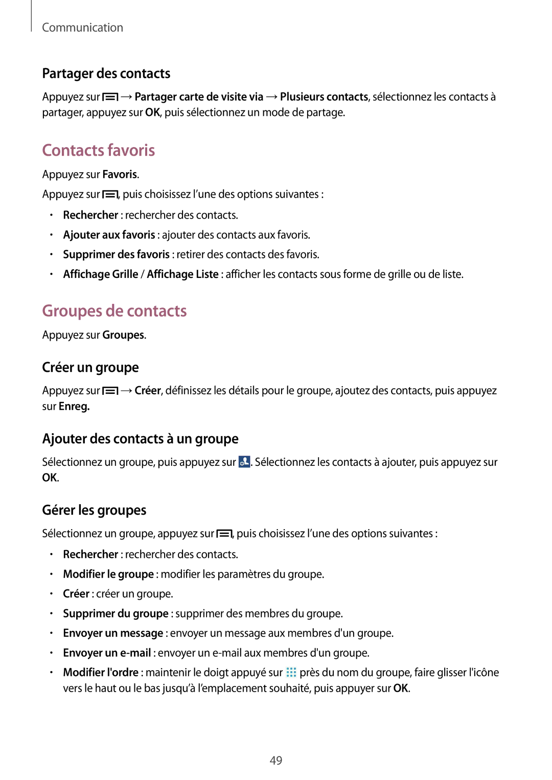 Samsung SM-T2110ZWEFTM, SM-T2110ZWEXEF, SM-T2110ZWAFTM manual Contacts favoris, Groupes de contacts 