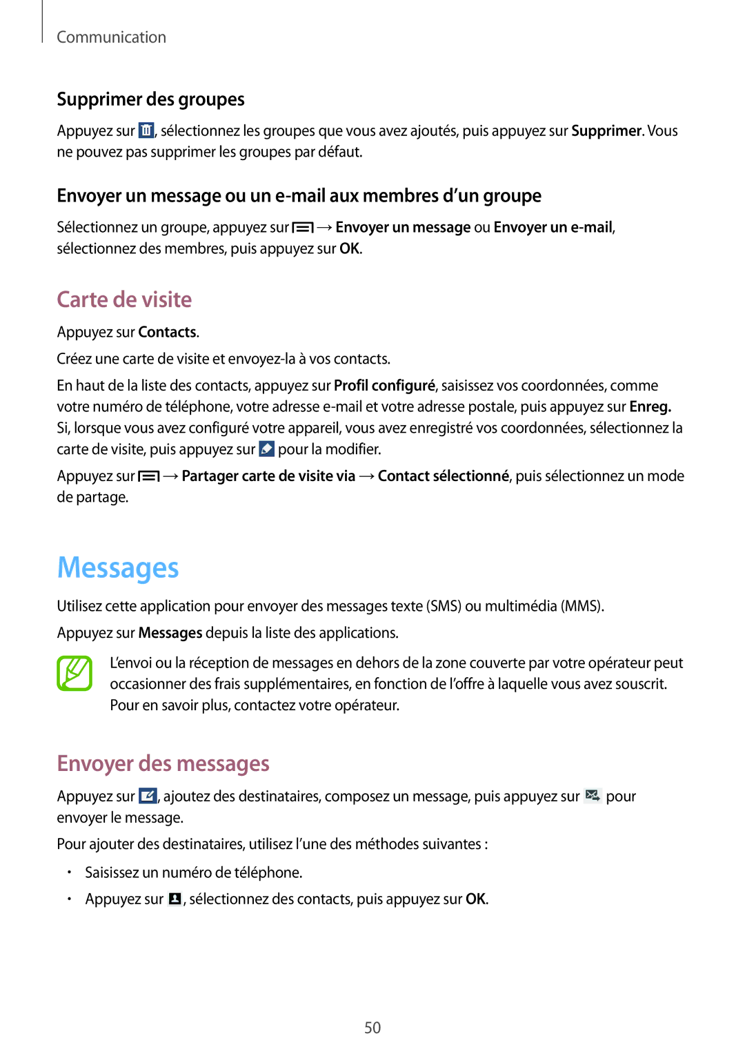 Samsung SM-T2110ZWAFTM, SM-T2110ZWEXEF manual Messages, Carte de visite, Envoyer des messages, Supprimer des groupes 