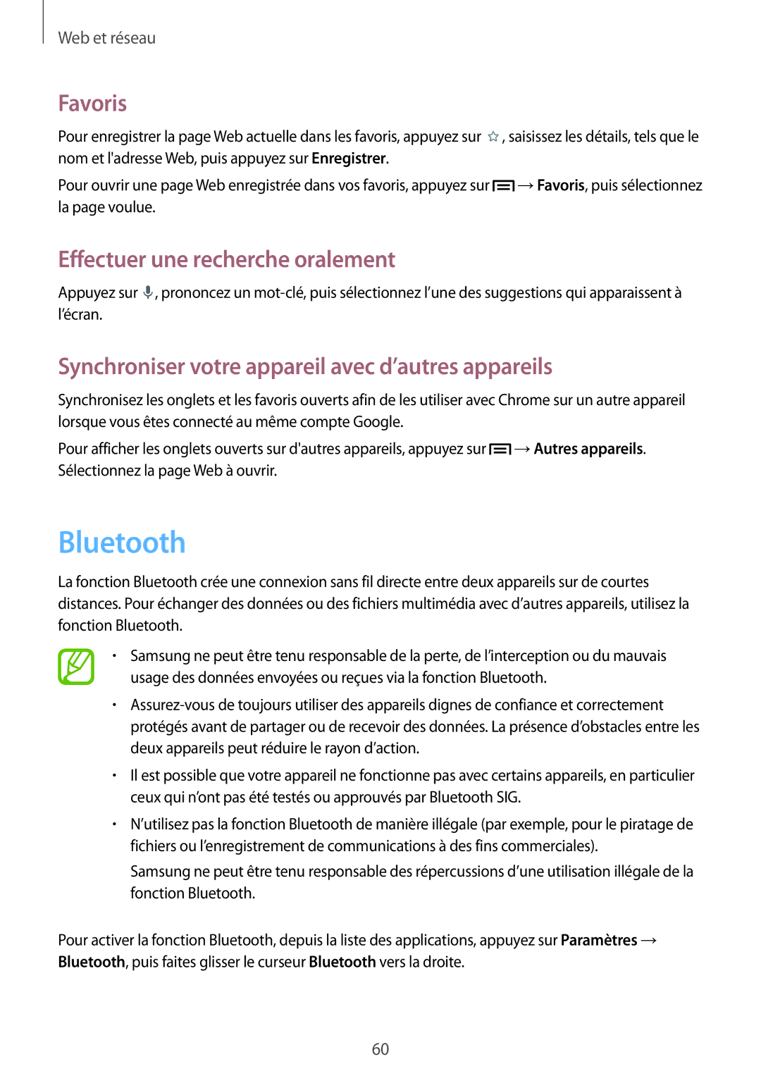 Samsung SM-T2110ZWEXEF, SM-T2110ZWEFTM, SM-T2110ZWAFTM manual Bluetooth, Synchroniser votre appareil avec d’autres appareils 