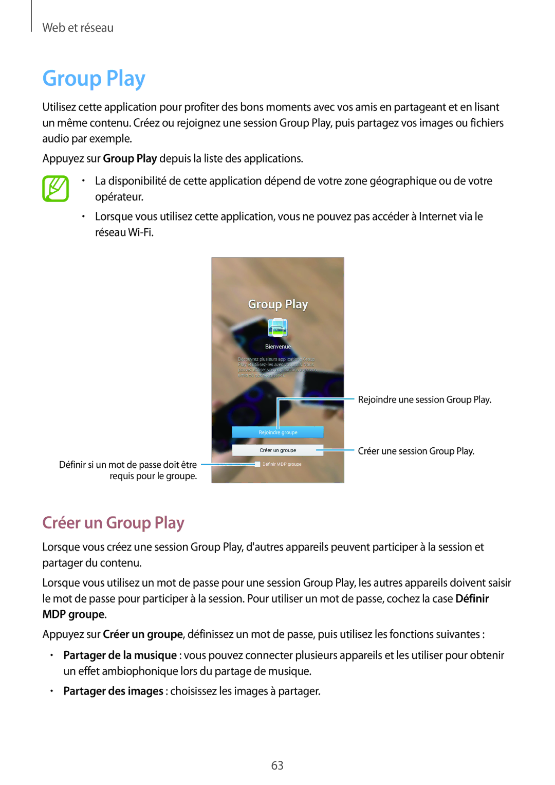 Samsung SM-T2110ZWEXEF, SM-T2110ZWEFTM, SM-T2110ZWAFTM manual Créer un Group Play 