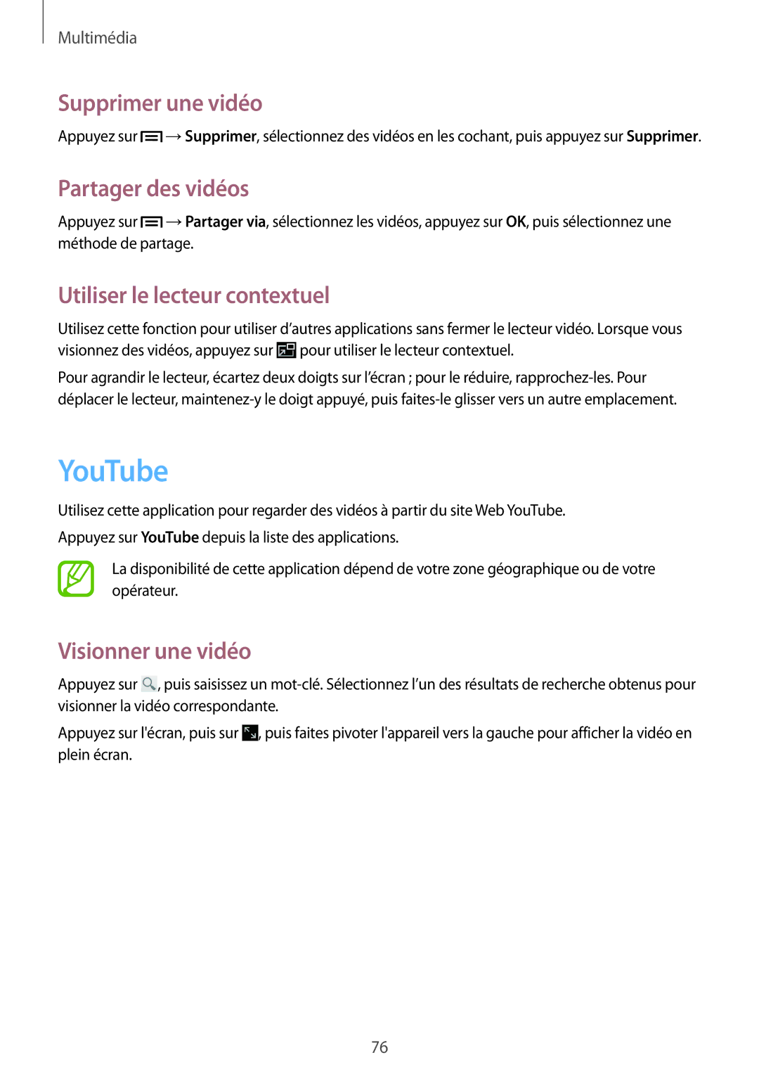 Samsung SM-T2110ZWEFTM, SM-T2110ZWEXEF YouTube, Supprimer une vidéo, Partager des vidéos, Utiliser le lecteur contextuel 